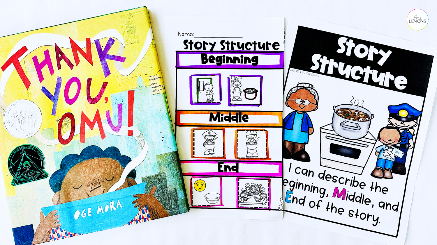 The book Thank You, Omu! and story structure graphic organizer and poster for learning.