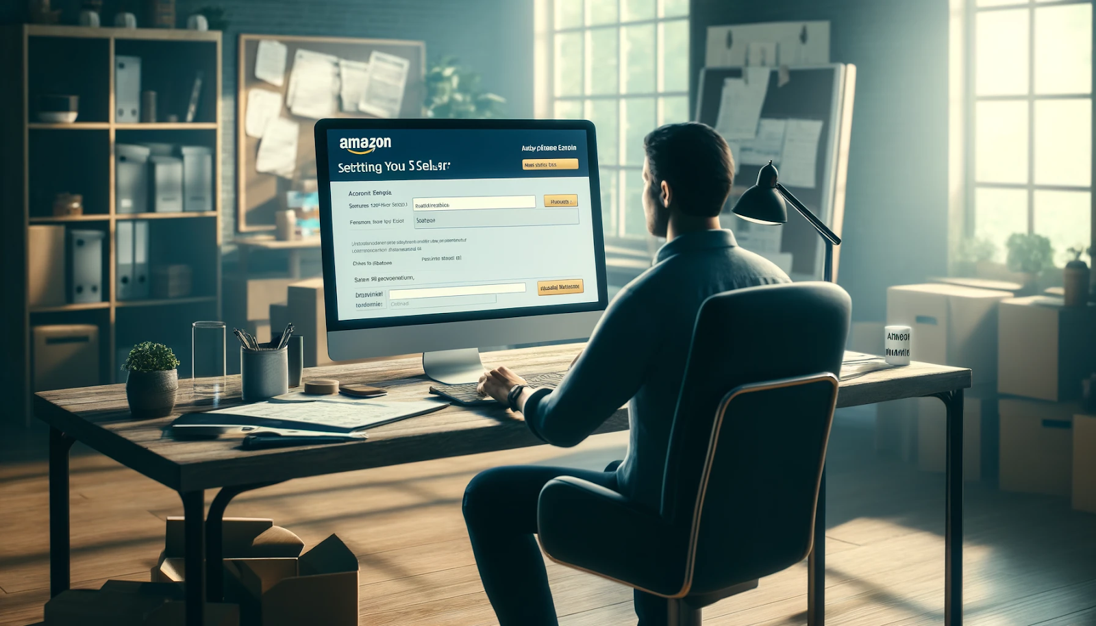 A digital illustration of a man sitting at a sleek, modern desk in a well-lit office, working on a large computer screen displaying an 'Amazon Seller Account Setup' page. The interface includes fields for account details, business information, and verification steps. The man appears focused, wearing a dark shirt, and is seated in a comfortable ergonomic chair. The workspace is organized, with a coffee cup, notepad, and a small potted plant on the desk.