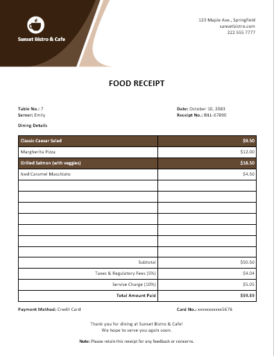 Receipt Templates Word: Food Receipt Template by Template.net