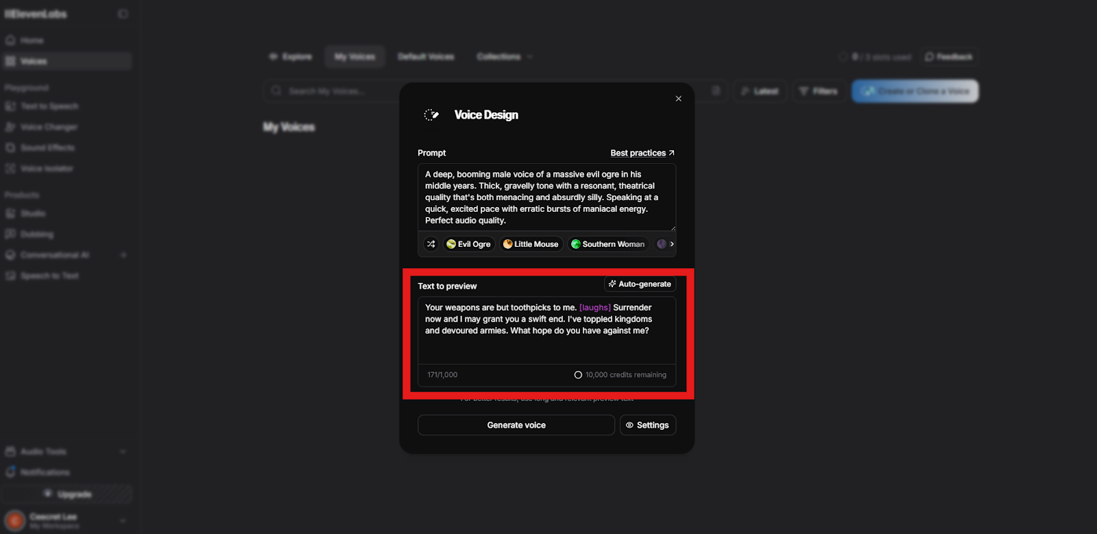 Screenshot of the ElevenLabs Voice Design interface showing the "Text to preview" section with a dramatic example script entered for testing the generated voice.