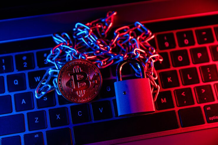  Bitcoin account seizure concept, BTC with chain and padlock on keyboard.