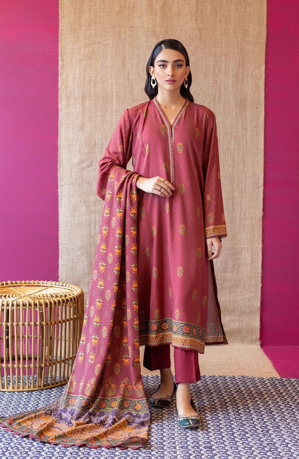 OTL-22-176/U Maroon LINEN  UNSTITCHED SHIRT DUPATTA PANTS