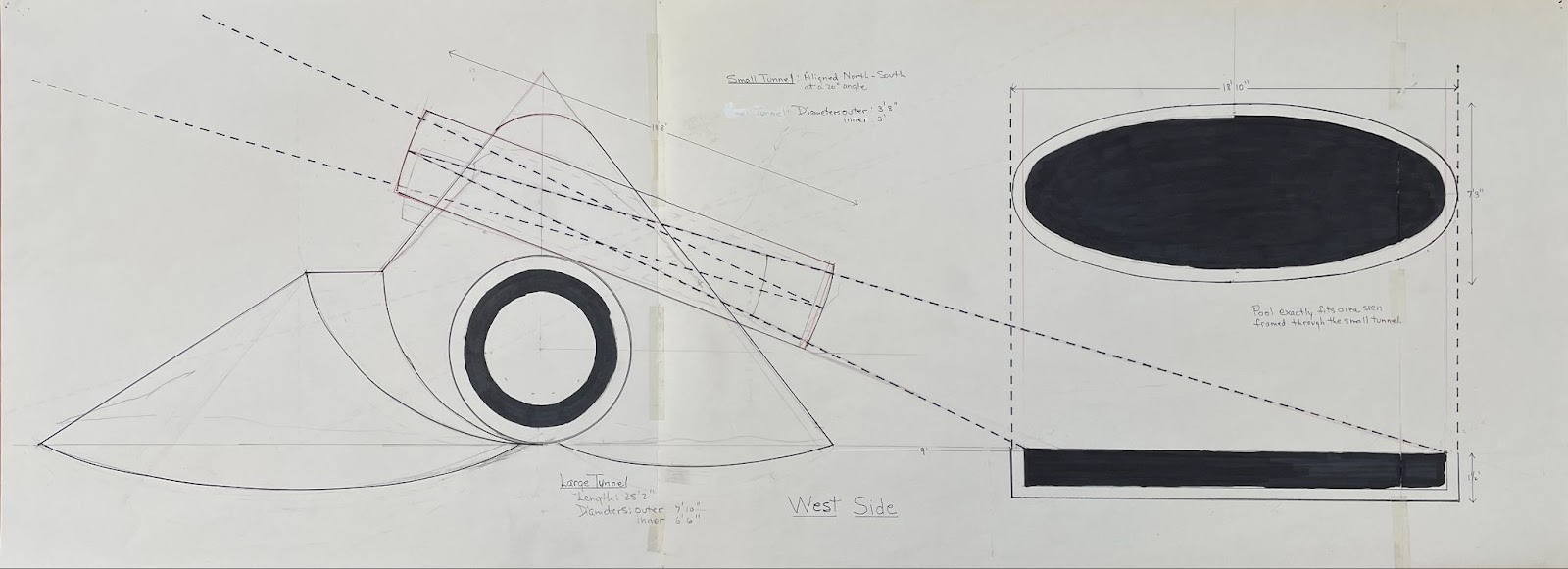 Nancy Holt (American, 1938-2014) Star-Crossed Rendering, 1978-1979 (possibly March 1979). Ink, graphite, and tape on paper, 18 x 50 inches. Partial gift from the Holt/Smithson Foundation with contributions from the Orpha Webster Art Fund. 2024.27.