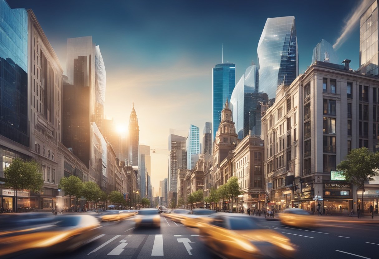 A bustling city street with various service-based businesses, each with vibrant social media icons and local landmarks in the background