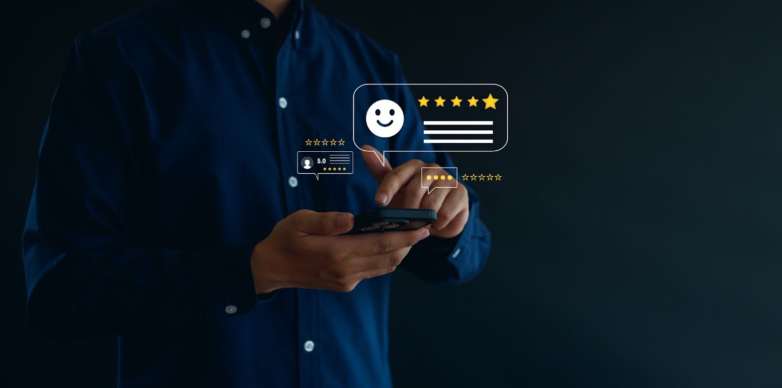 Person in a dark blue shirt using a smartphone, with floating digital graphics displaying five-star ratings, user reviews, and positive feedback icons