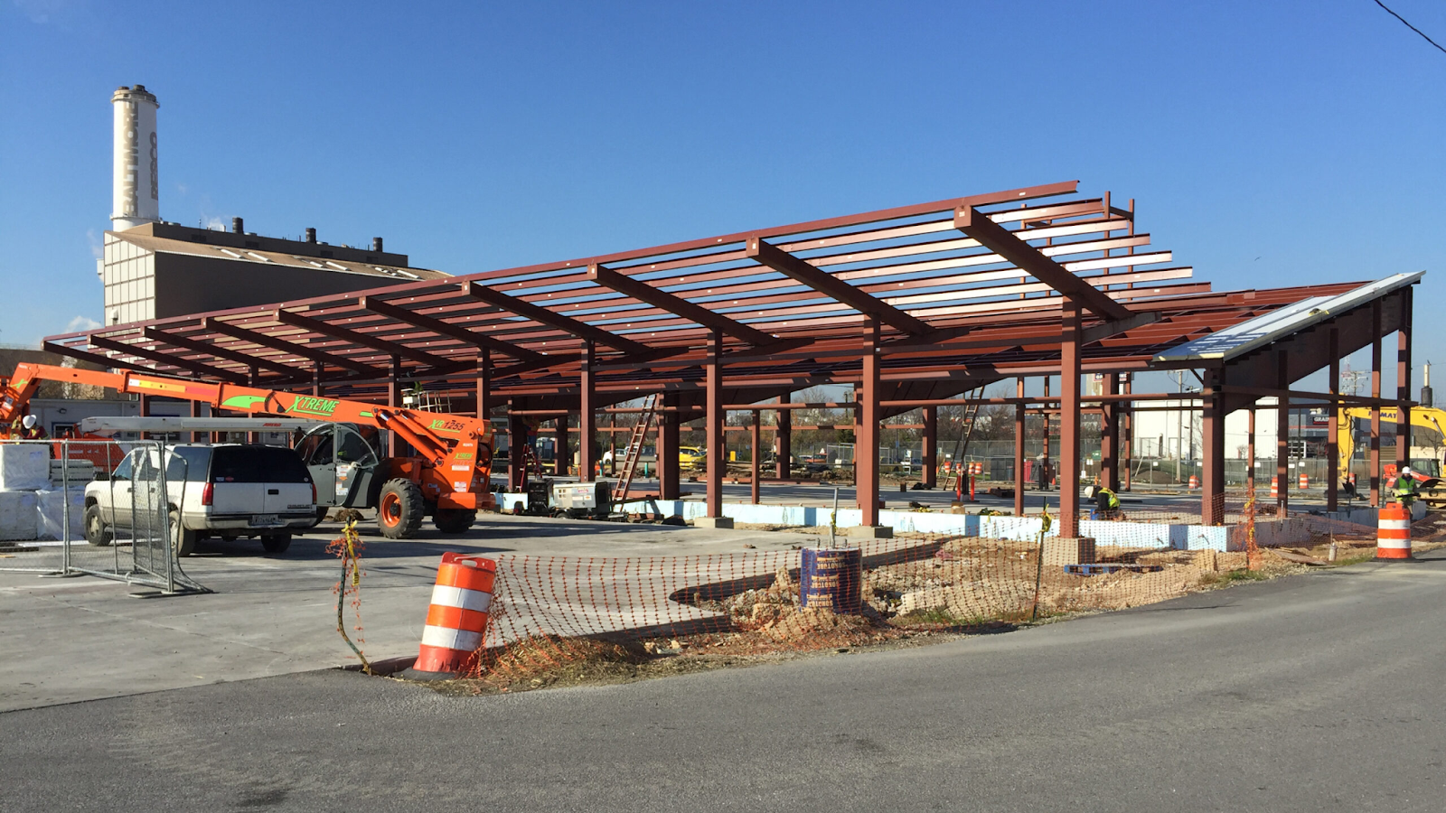 Steel building construction process.