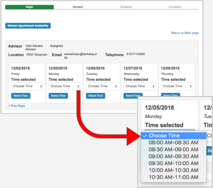 "Choose time" dropdown showing an arrow pointing to the available times options.