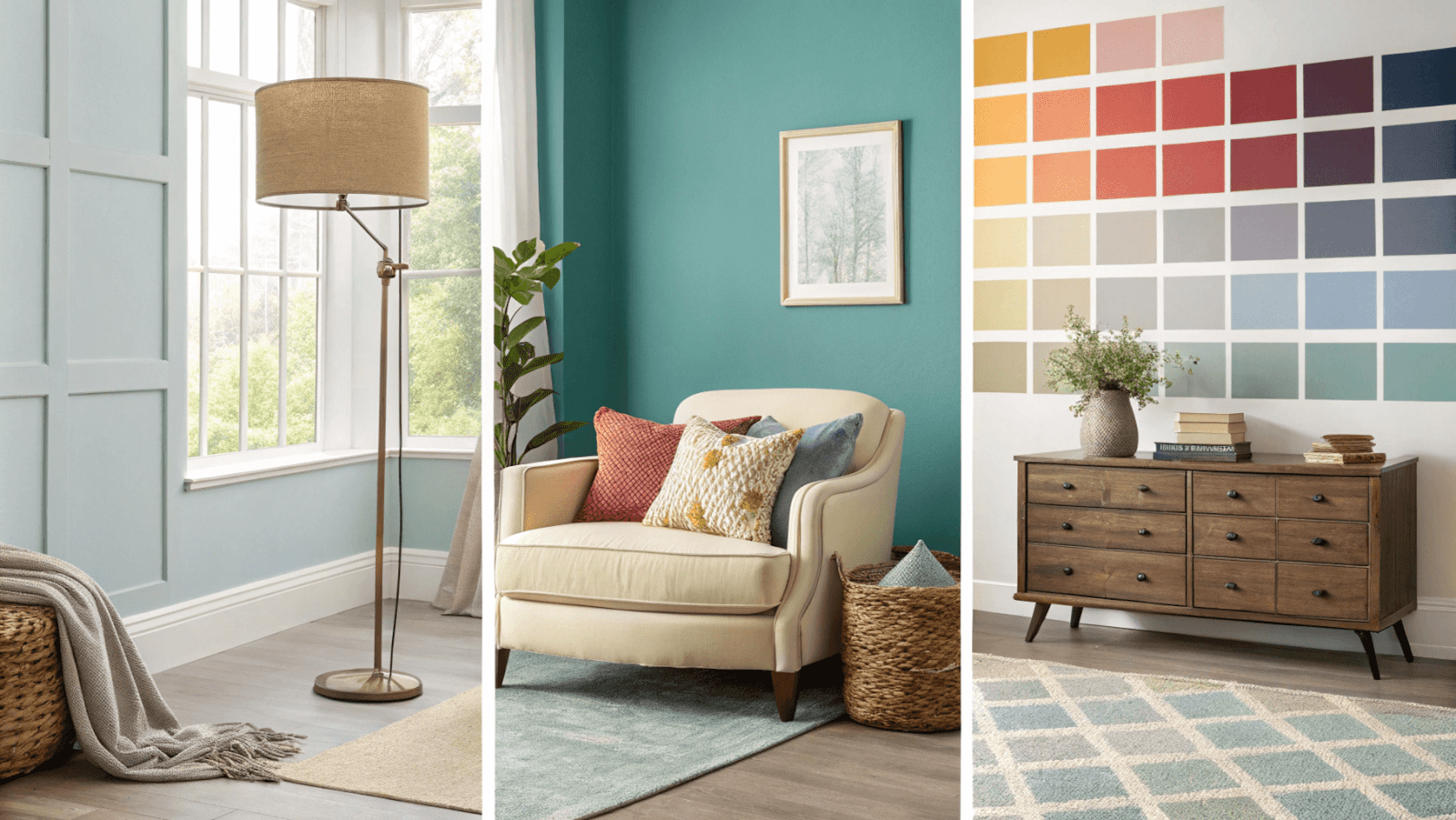 Series of photos showing:

Paint swatches next to furniture and fabrics