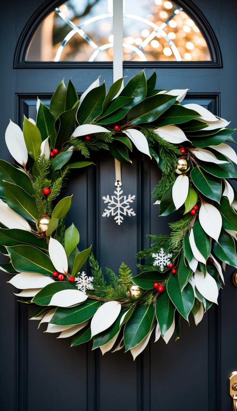 A circular wreath made of magnolia leaves, adorned with festive decorations, hangs on a front door