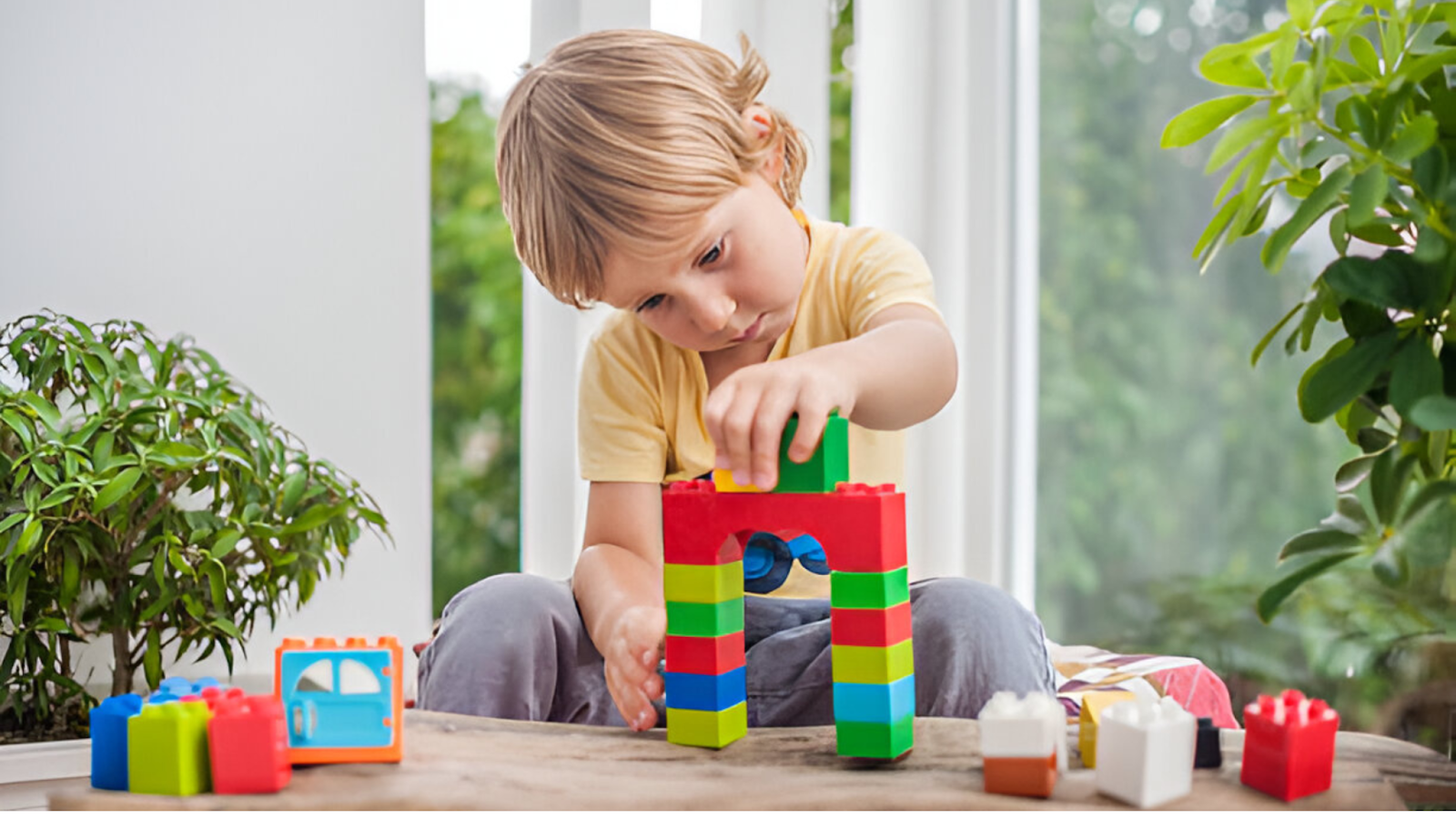 Young boy is building with colorful plastic building blocks, improving focus and creativity through hands-on play.