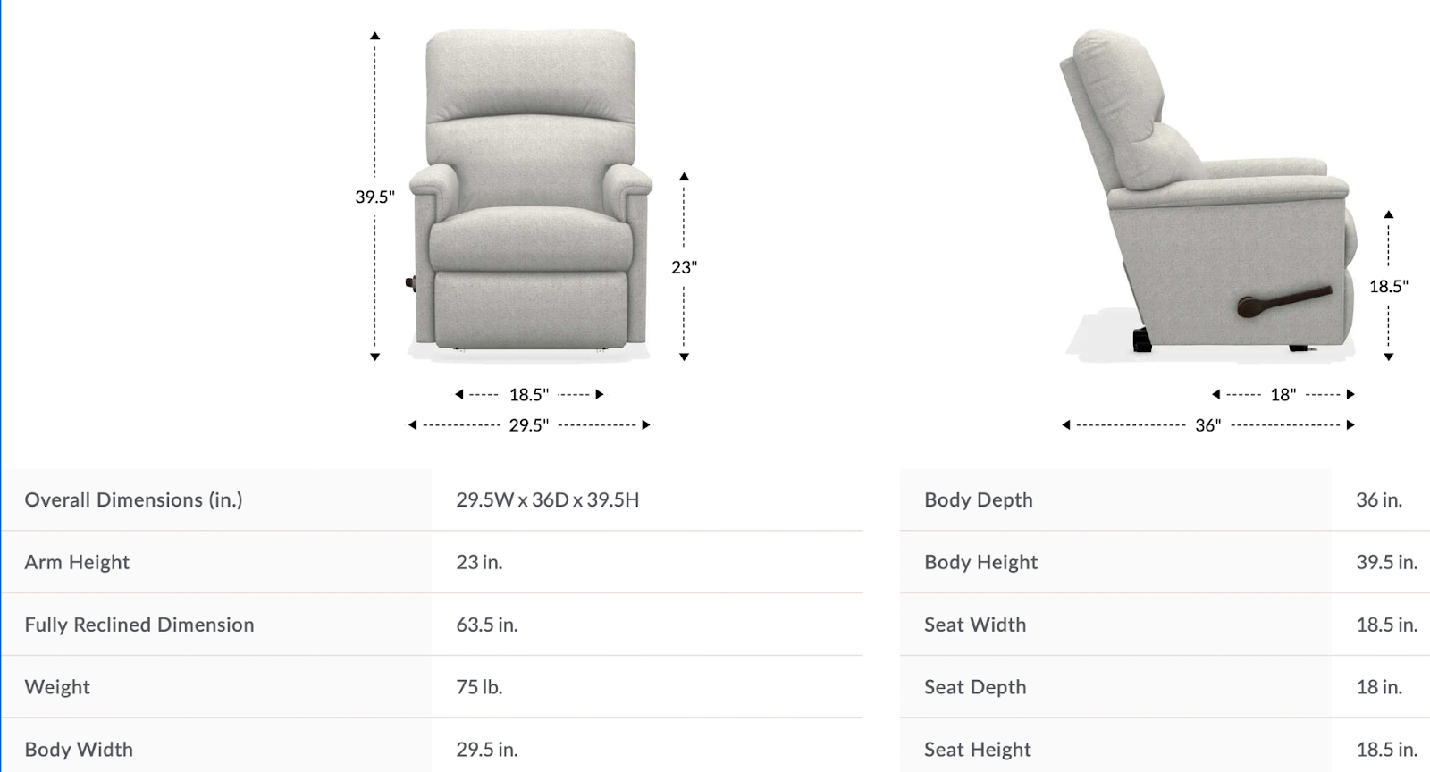 collage wall recliner dimensions