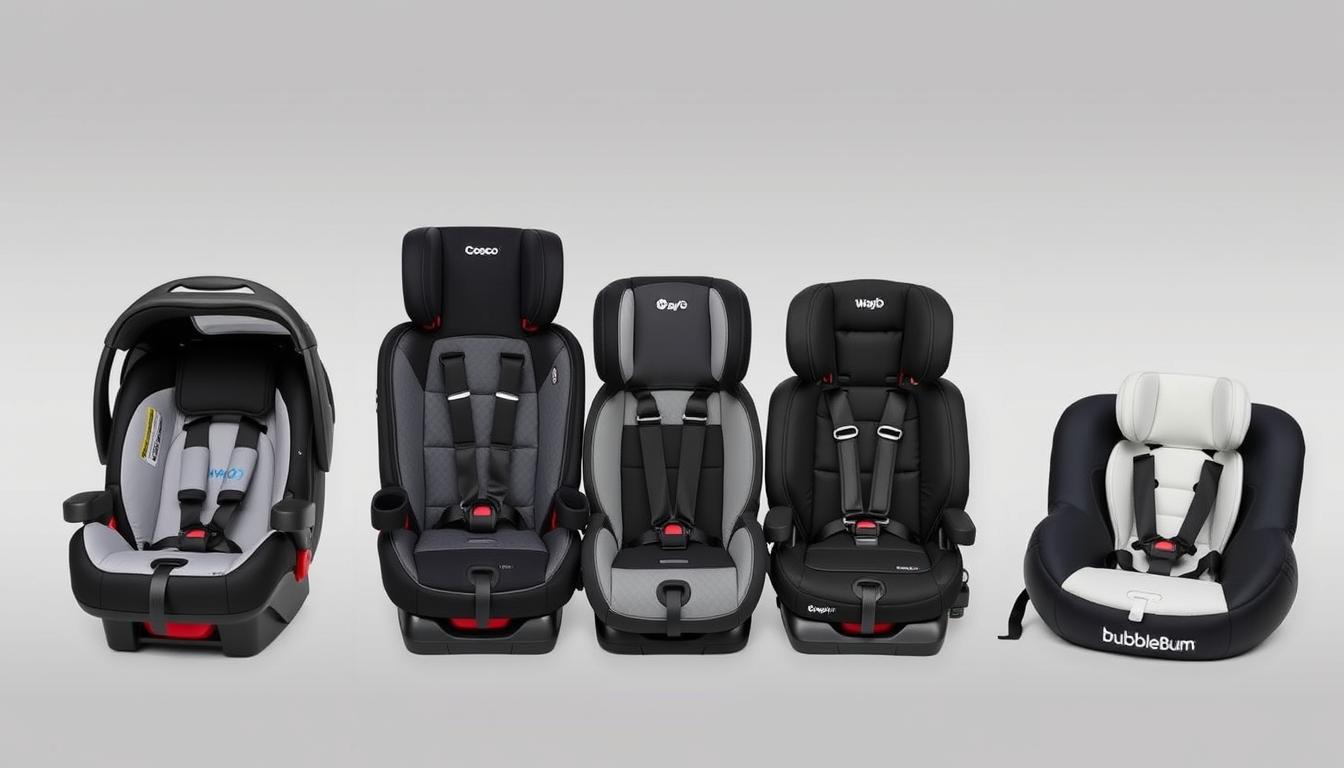 All five lightweight car seats for travel arranged side by side