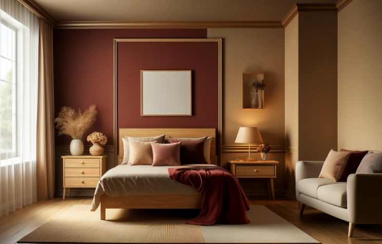 Cozy and sophisticated bedroom with maroon and tan