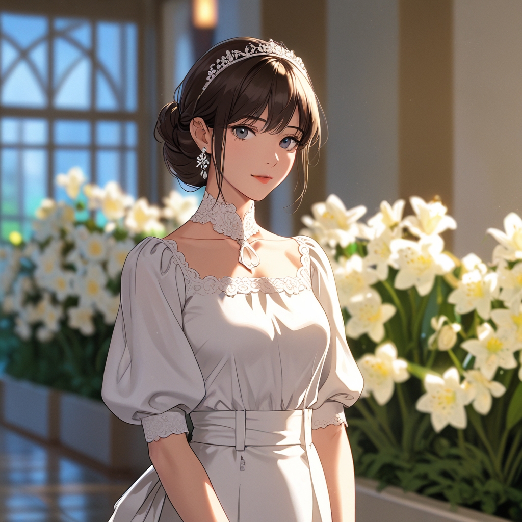 The image is a full-length digital illustration of a maid of honor, with long flowing brown hair, standing against a backdrop of large white freesias. Her skin is fair, she has aristocratic features, she has a calm, confident expression and is able to perfectly pick up on the slightest changes in emotion in the queen she serves. She knows how to perfectly manipulate the environment and hide something when she needs it. She is wearing a white blouse with puffed sleeves and open shoulders, which transitions into white trousers of a loose cut, the fabric is light and summery, which complements the floral surroundings.