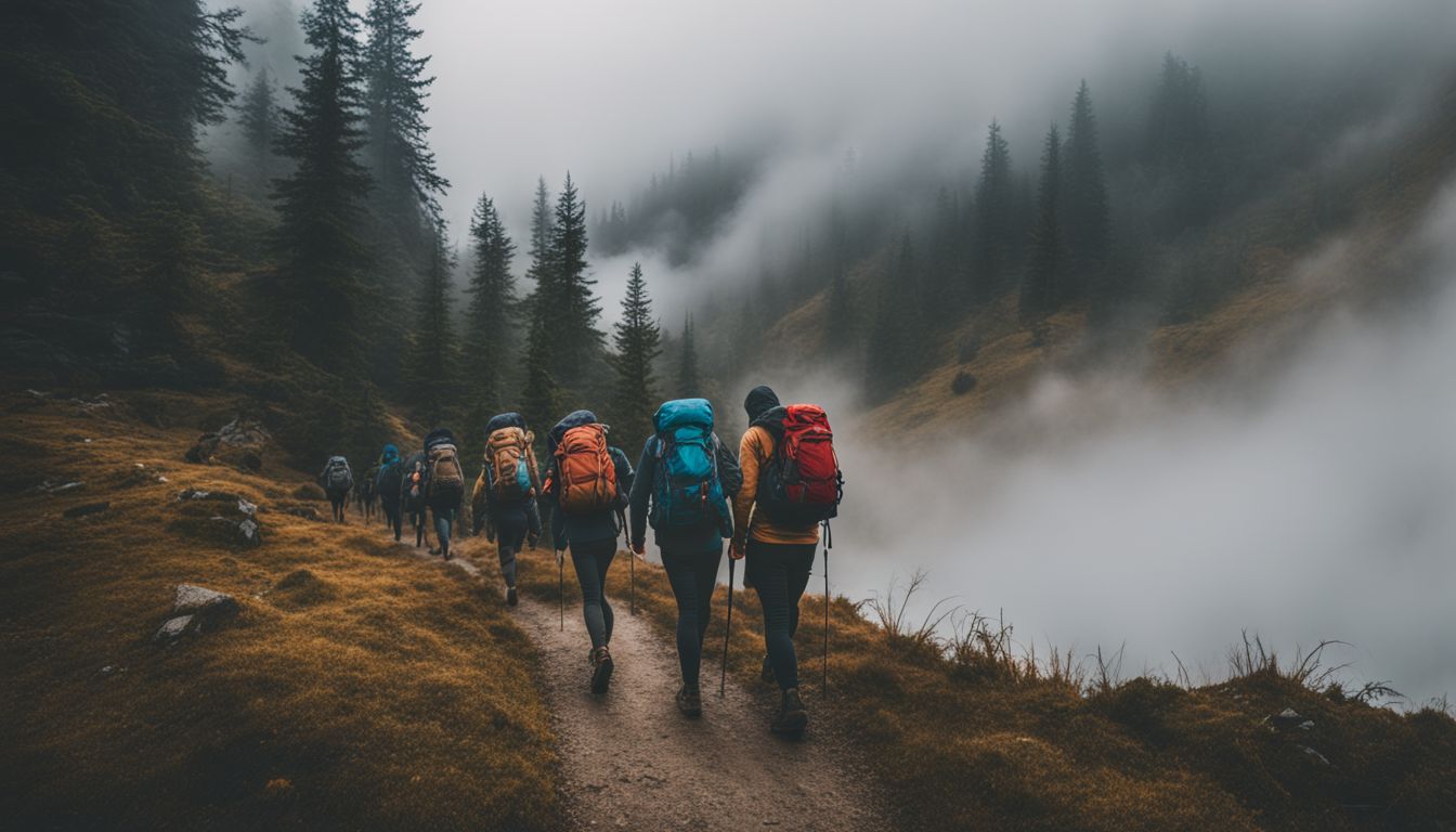 A diverse group of hikers trek through a foggy mountain trail.