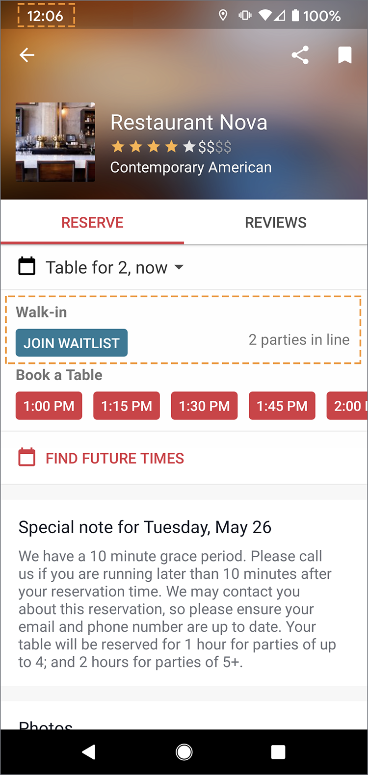 OpenTable dashboard