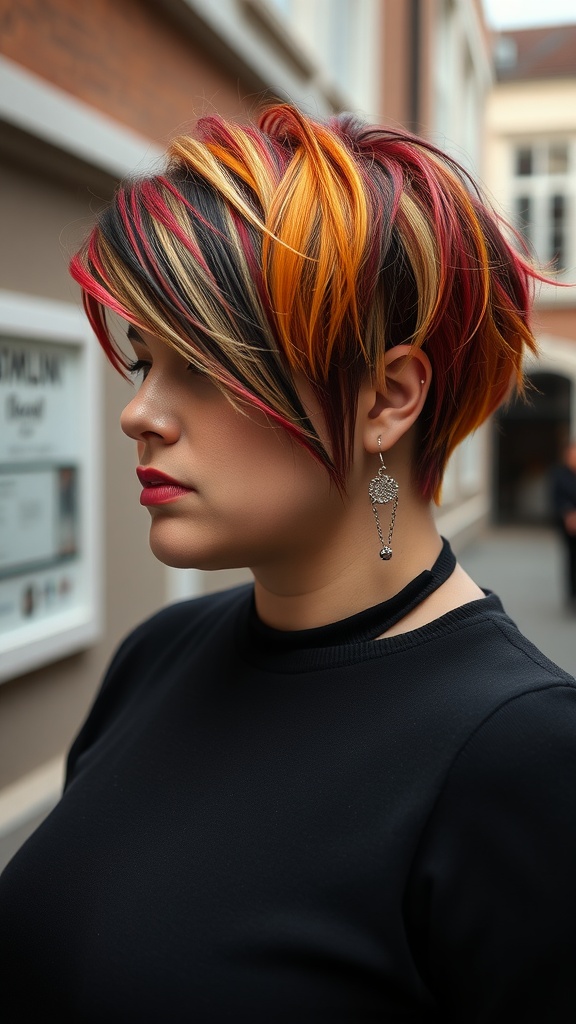 A woman with an asymmetrical haircut featuring vibrant color highlights, showcasing a modern style.