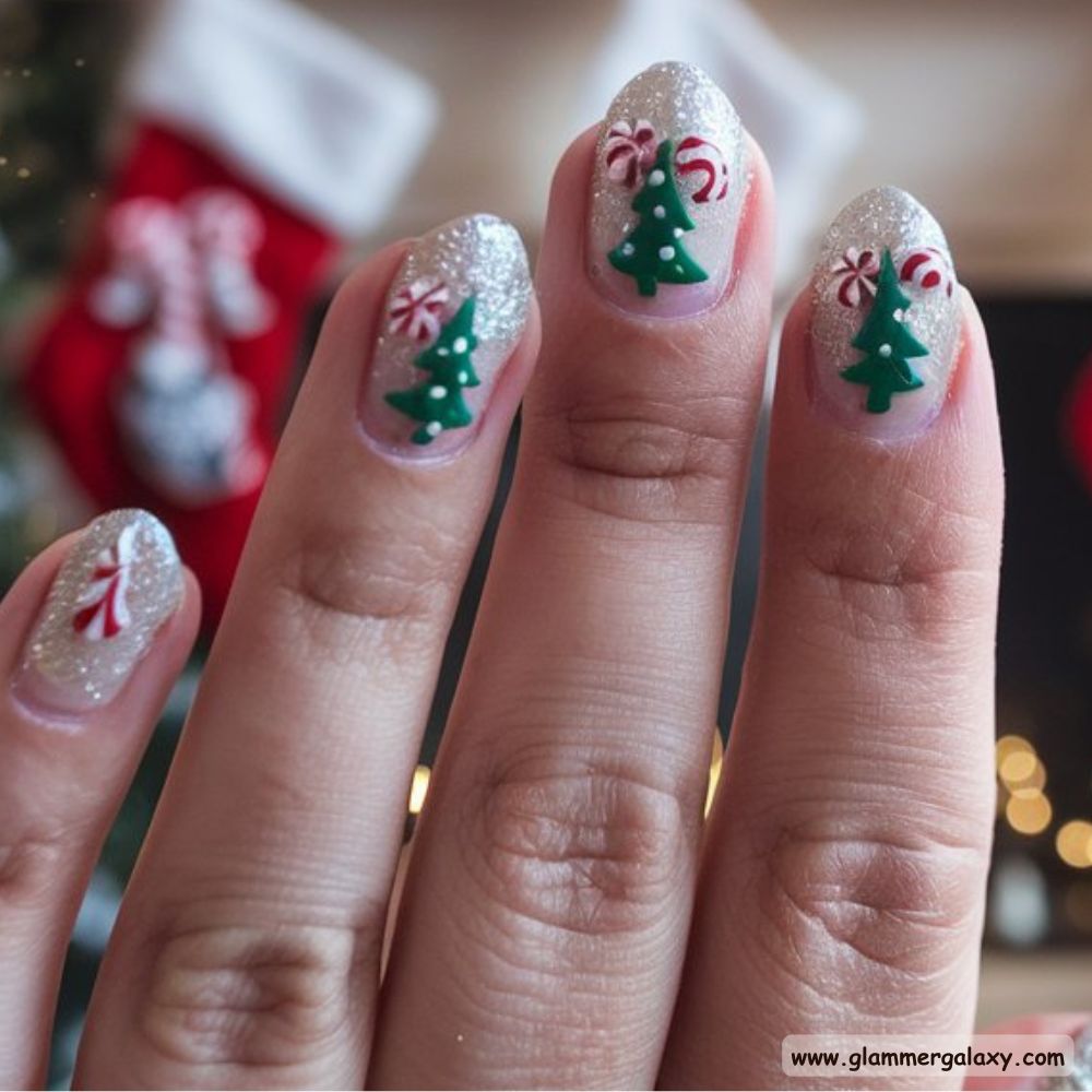 Short Christmas Nails having Sparkly Manicures