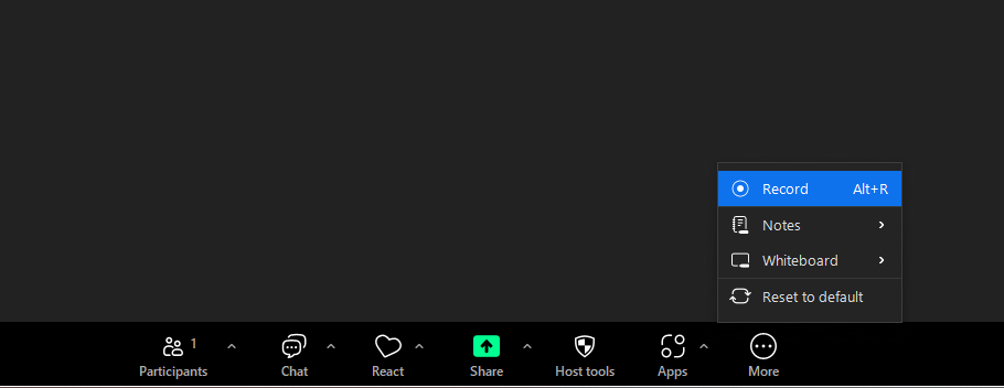 Screenshot of Zoom user interface showing options for participants, chat, reactions, sharing, and more, with an expanded menu highlighting the 'Record' button for recording Zoom meetings