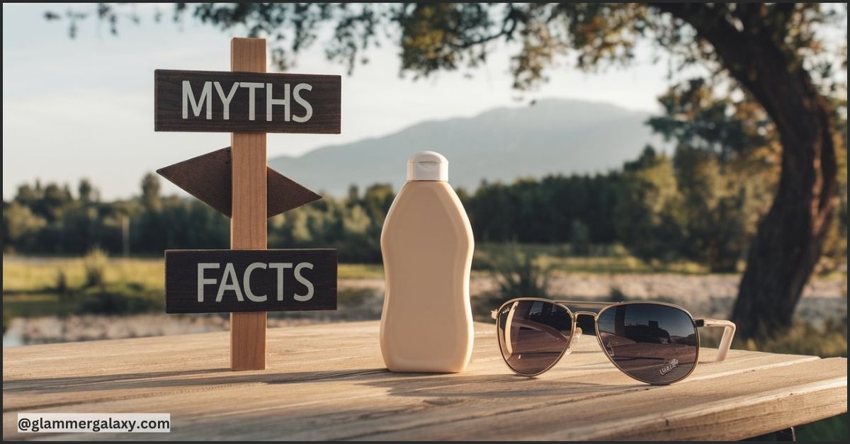 Wooden signpost with “MYTHS” and “FACTS” arrows, sunscreen bottle, sunglasses on table outdoors.