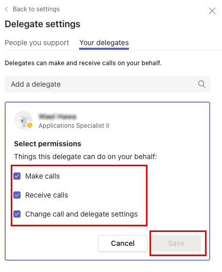Selecting permissions for delegates in Microsoft Teams
