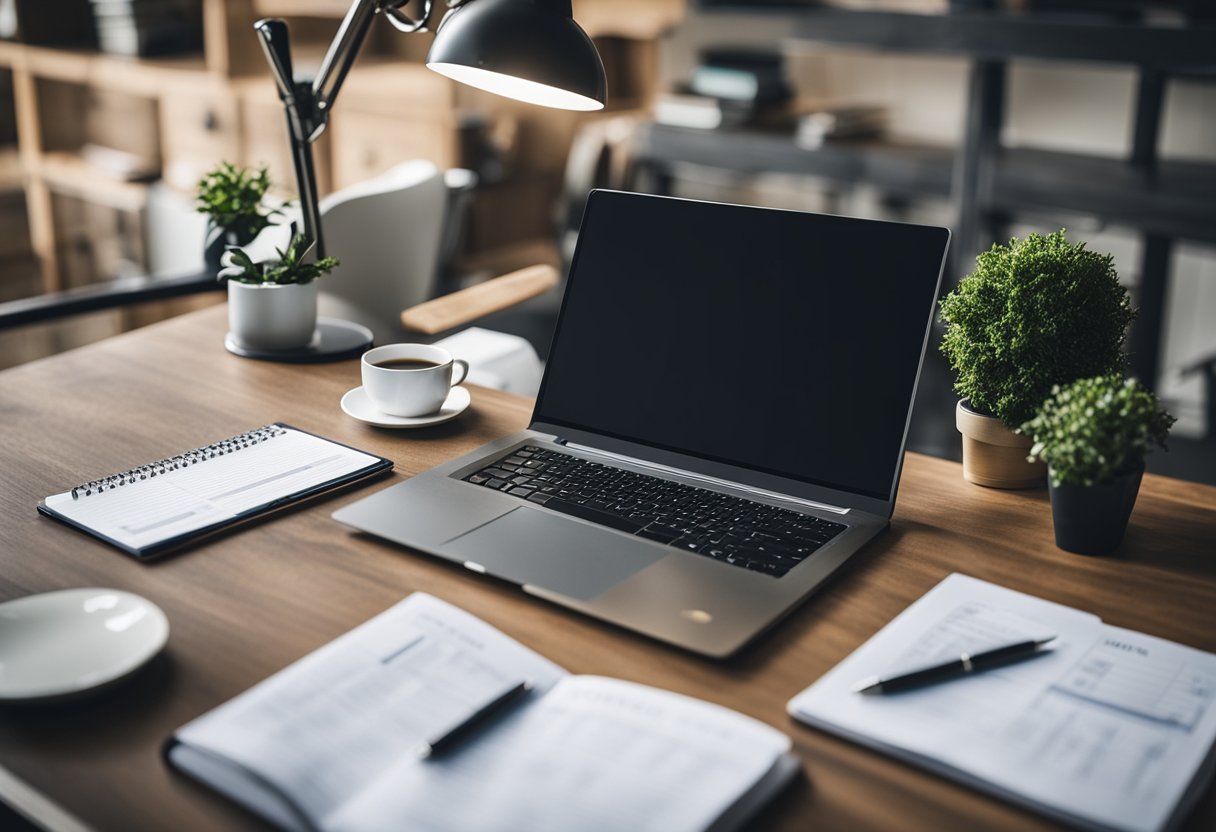 A desk with a laptop, notebook, and checklist. Surrounding it are various SEO elements such as keywords, backlinks, and website analytics