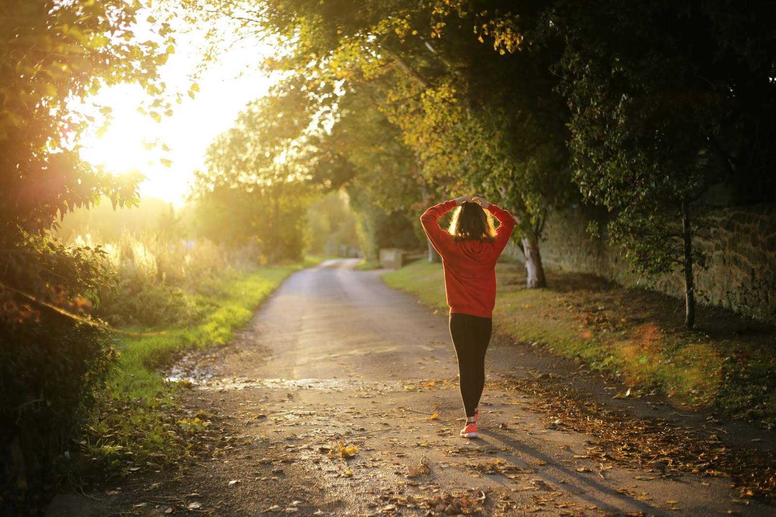 A woman walking through the forest in the sunlight.