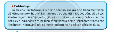 CHỦ ĐỀ 5. CHI TIÊU HỢP LÍ VÀ TIẾT KIỂM TIỀNHoạt động 1: Tìm hiểu và thực hành kiểm soát chi tiêuCâu 1: Chia sẻ việc kiểm soát chi tiêu của em.Đáp án chuẩn:- Em thường lập kế hoạch chi tiêu hàng tuần, hàng tháng và trước các sự kiện.- Em chi tiêu tiết kiệm mà không có kế hoạch cụ thể, cố gắng hạn chế các khoản tiêu dùng.- Em có thái độ chi tiêu thoải mái.Câu 2: Thảo luận về cách kiểm soát chi tiêu.Đáp án chuẩn:- Không chi tiêu theo cảm xúc- Lập kế hoạch chi tiêu cụ thể- Sắp xếp các khoản chi tiêu theo sự ưu tiên- Suy nghĩ trước khi chi tiêuCâu 3: Thực hành kiểm soát chi tiêu trong tình huống sau.Đáp án chuẩn:- Nếu là Tú, em sẽ chi tiêu đúng số tiền đã dự tính và ưu tiên những khoản chi cần thiết trước.- Nếu chỉ được chọn 3 món, em sẽ chọn quà tặng cho bố, quà sinh nhật cho bạn thân và ủng hộ bạn khó khăn.Hoạt động 2: Lập kế hoạch chi tiêu cho một số sự kiện trong gia đìnhCâu 1: Lập bảng kế hoạch chi tiêu khi tổ chức một sự kiện trong gia đình.Đáp án chuẩn:a. Thực đơn tiệc mừng sinh nhật em gái của Bảo:STTKhoản chiSố tiền1Bánh kem150 0002Hoa quả100 0003Kẹo50 000b. Lập kế hoạch chi tiêu cho dịp 8/3 tại lớp:- Mua hoa cho cô- Mua quà cho các bạn nữ- Mua hoa quảCâu 2: Chia sẻ cảm xúc của em và người thân khi em tổ chức sự kiện trong gia đình.Đáp án chuẩn:- Em: cảm thấy hào hứng, trách nhiệm, vui- Người thân: tự hào, tin tưởng, vui mừngHoạt động 3: Thực hiện tiết kiệm tiềnCâu 1: Trao đổi về những cách tiết kiệm tiền.Đáp án chuẩn:- Chi tiêu theo kế hoạch đã đề ra - Chi tiêu không vượt quá mức quy định- Chỉ chi tiêu cho những món hữu ích- Sử dụng tiết kiệm tài nguyênCâu 2: Đề xuất những cách tiết kiệm chi phí sinh hoạt gia đình trong tình huống sau: Đáp án chuẩn:- Liệt kê danh sách những món đồ cần thiết phải chi tiêu- Chia từng khoản tiền cho các món đồ khác nhau- Sử dụng tiết kiệm vật dụng trong gia đìnhCâu 3: Chia sẻ cách tiết kiệm tiền của em và kết quả thực hiện.Đáp án chuẩn:Gợi ý:- Nêu cụ thể phương pháp tiết kiệm: Lập kế hoạch, đề ra mức chi tiêu,...- Nếu thời gian thực hiện- Kết quả thực hiện: Số tiền tiết kiệm được là bao nhiêu, mục đích gì?Hoạt động 4: Đánh giá kết quả trải nghiệm