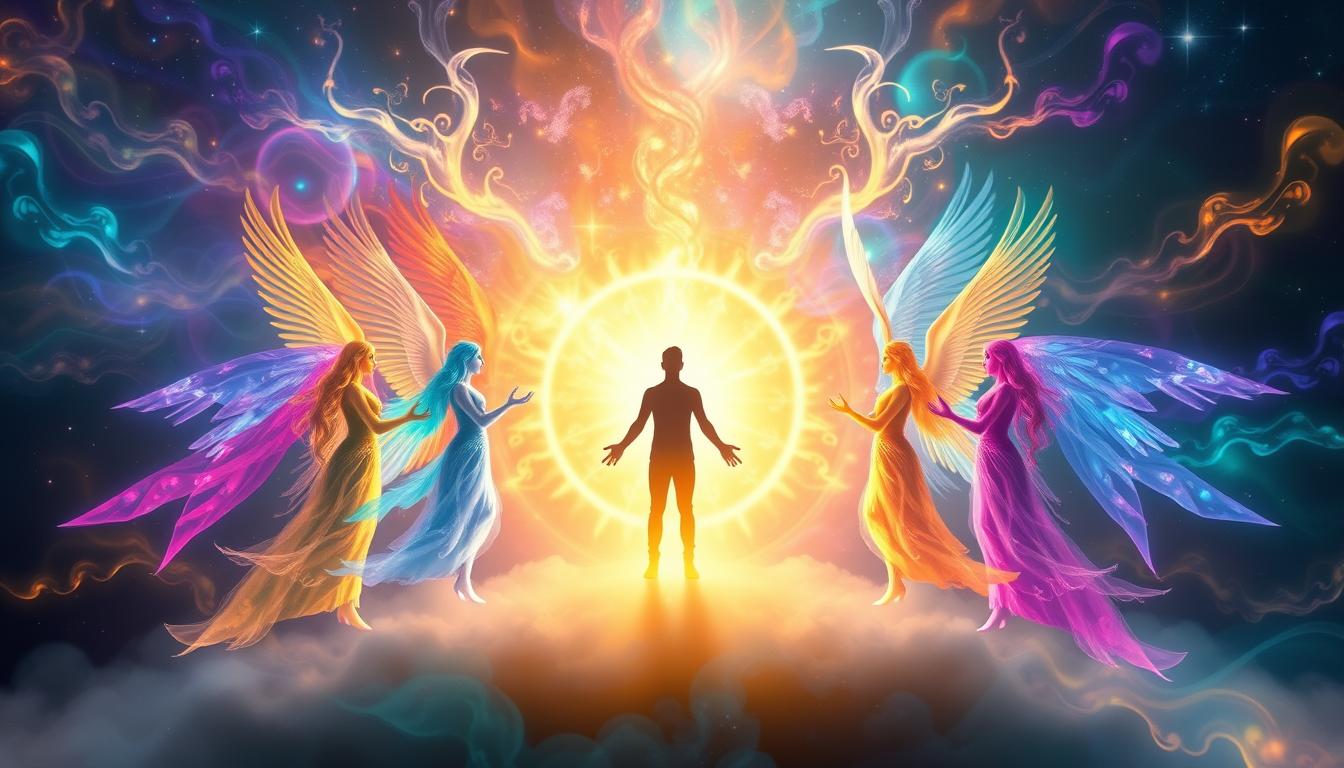 A group of ethereal beings, each with a unique aura and energy, surround a person who stands in the center of a glowing portal. The beings offer love, support, and guidance as the person manifests their dreams on this powerful 11/11 day. The colors of the beings' auras blend together to create a beautiful and harmonious spectrum, symbolizing the unity and interconnectedness of all things. The portal emits a warm and inviting light, welcoming the person to step into their highest potential and embrace their spiritual journey with open arms.