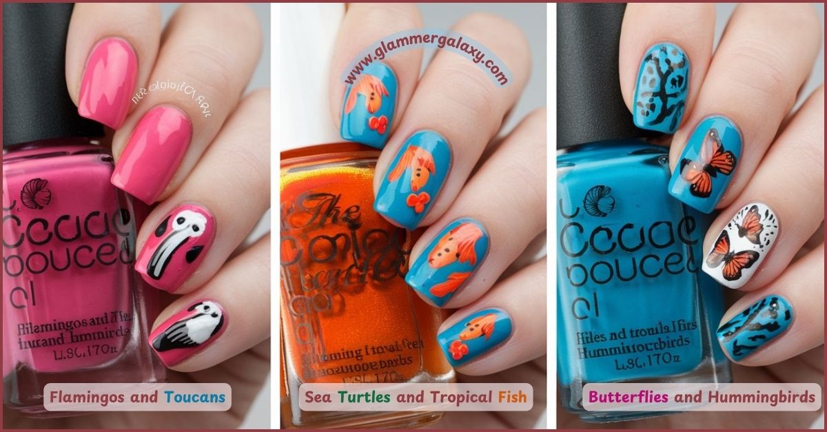 Three nail art designs featuring flamingos, tropical fish, and butterflies with corresponding polish bottles.