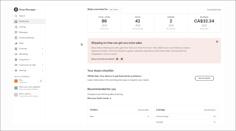 Seller Dashboard on Etsy
