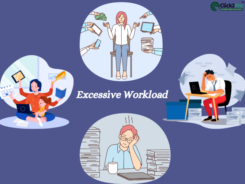 Illustration of excessive workload showing stressed individuals managing tasks, work, and responsibilities.