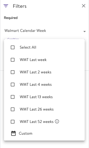 Screenshot showing the different walmart weeks that can be selected