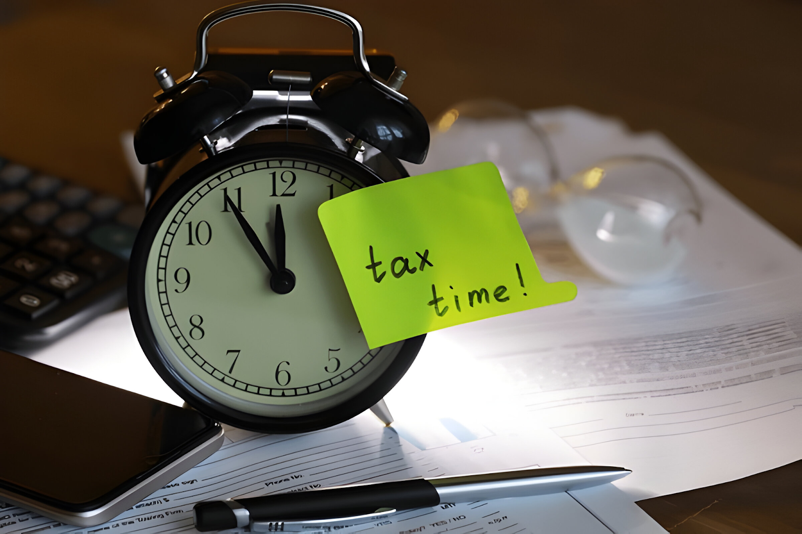 Alarm clock with a note saying 'tax time!' placed on a stack of tax documents, illustrating the urgency and precision required by accountants to handle international tax issues.