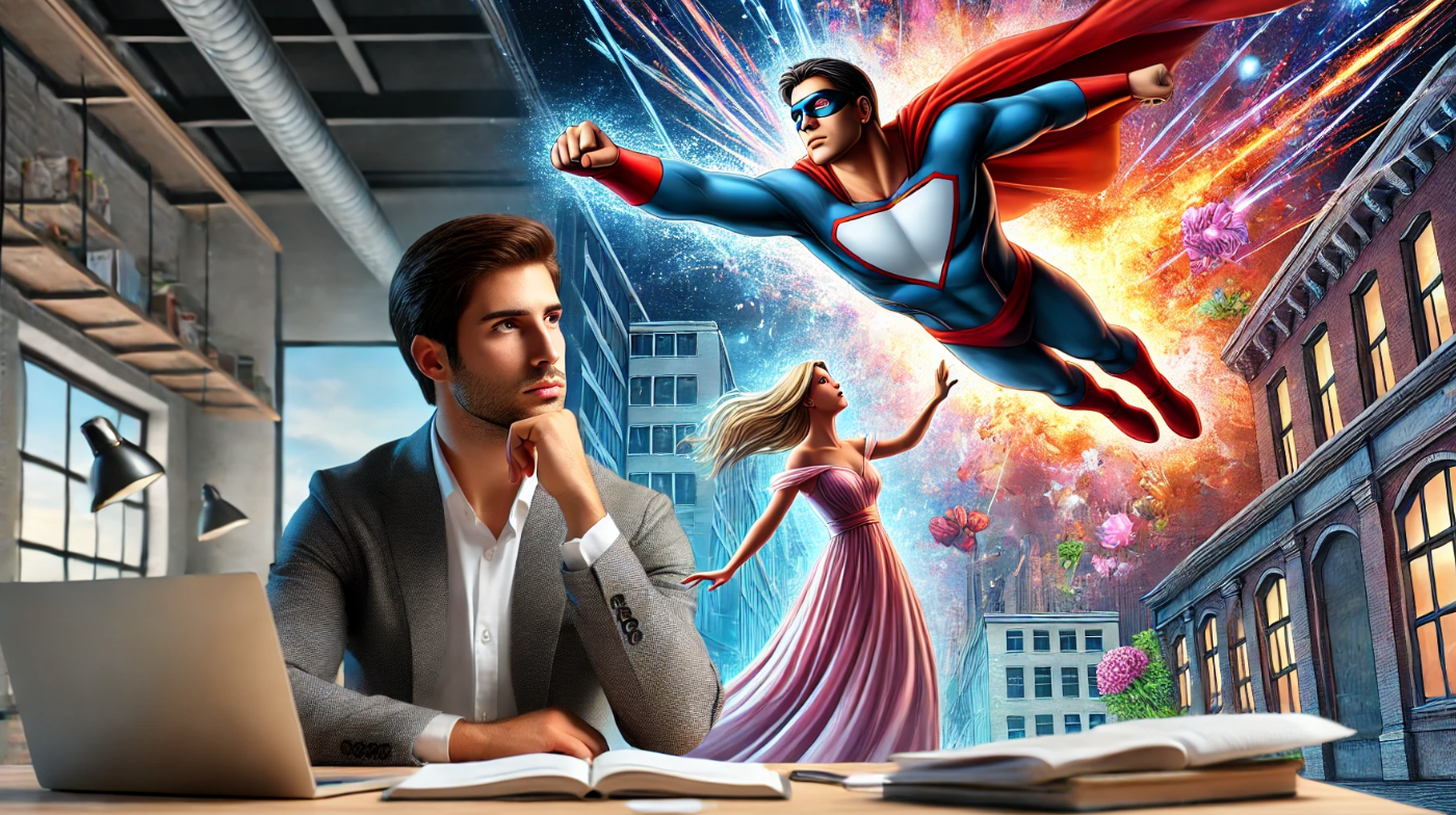 An author sits at his desk, deep in thought, as a superhero and a woman in a flowing dress emerge from his imagination in a dramatic, action-filled scene