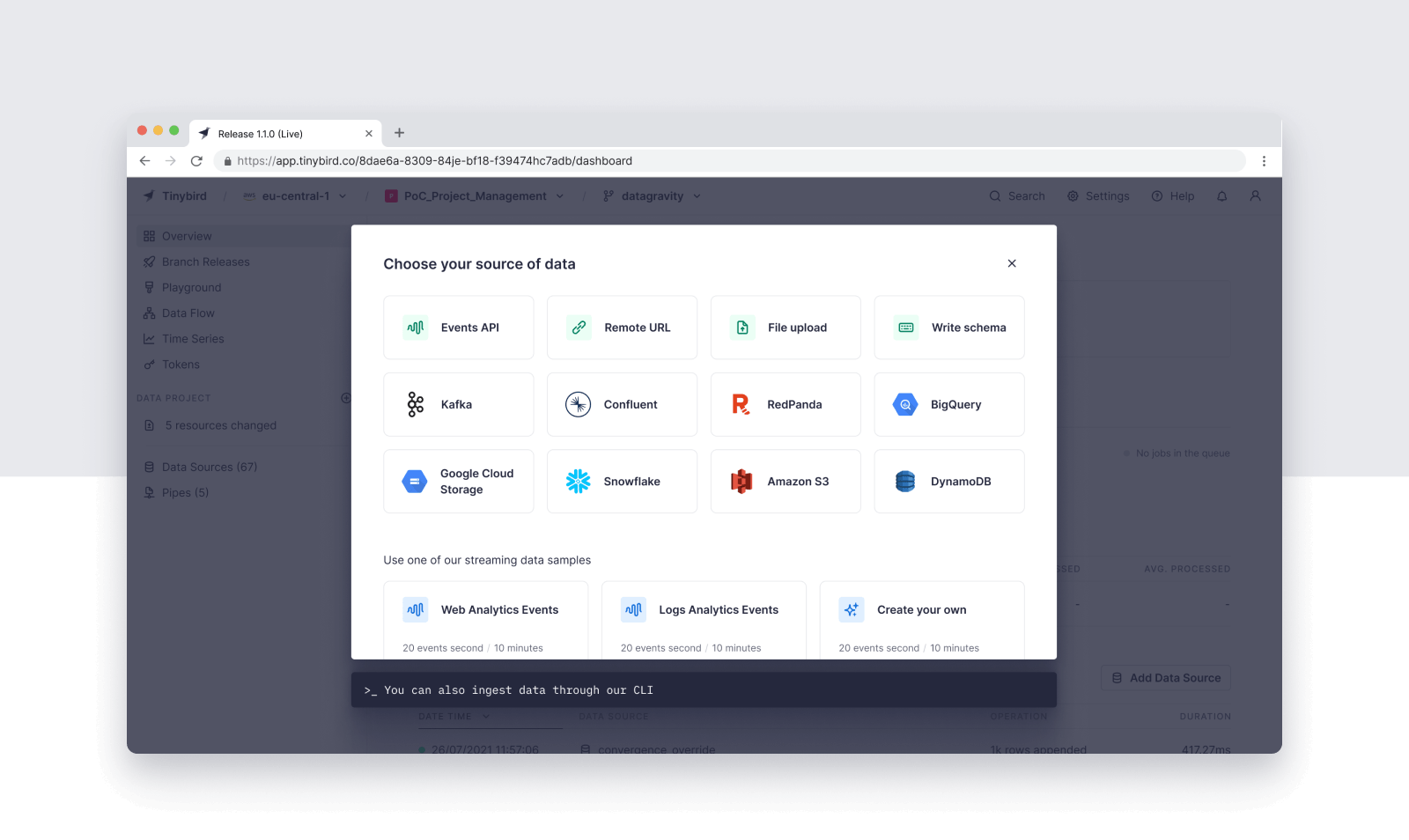 A screenshot of the the Tinybird UI show data source connectors to many different data tools including DynamoDB