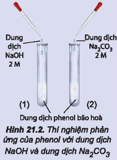 CHƯƠNG 5. DẪN XUẤT HALOGEN - ALCOHOL – PHENOLBÀI 21: PHENOLMỞ ĐẦUCatechin là một hợp chất phenol có trong lá chè xanh. Catechin có tác dụng chống oxi hoá, diệt khuẩn, kháng viêm, ngăn ngừa một số bệnh về tim mạch, cao huyết áp, tiêu hoá, làm chậm quá trình lão hoá Vậy hợp chất phenol là gì và có các tính chất đặc trưng nào?Đáp án chuẩn:- Phenol là những hợp chất hữu cơ trong phân tử có nhóm –OH liên kết trực tiếp với nguyên tử carbon của vòng benzene.- Là chất rắn, không màu, ít tan trong nước ở điều kiện thường, tan nhiều khi đun nóng, có tính độc, có thể gây bỏng khi tiếp xúc với da.- Tính acid yếu.- Phản ứng thế ở vòng benzene.1. KHÁI NIỆM2. ĐẶC ĐIỂM CẤU TẠO CỦA PHENOL3. TÍNH CHẤT VẬT LÍ4. TÍNH CHẤT HÓA HỌCBài 1: Phản ứng của phenol với dung dịch NaOH và dung dịch Na2CO3Thí nghiệm phenol tác dụng với dung dịch NaOH và với dung dịch Na2CO3 được tiến hành như sau:- Cho vào hai ống nghiệm, mỗi ống nghiệm khoảng 1 mL dung dịch phenol bão hoà (có màu trắng đục).- Cho khoảng 1 mL dung dịch NaOH 2 M vào ống nghiệm (1) và lắc đều.- Cho khoảng 1 mL dung dịch Na2CO3 2 M vào ống nghiệm (2) và lắc đều.Cả hai ống nghiệm đều quan sát được dung dịch từ màu trắng đục chuyển sang trong suốt.Hãy giải thích các hiện tượng xảy ra.Đáp án chuẩn:(1) C6H5OH + NaOH → C6H5ONa + H2O(2) C6H5OH + Na2CO3 ⇌ C6H5ONa + NaHCO3Bài 2: Hãy giải thích tại sao phenol có thể phản ứng được với dung dịch NaOH còn alcohol thì không phản ứng với dung dịch NaOH.Đáp án chuẩn:Vòng benzen hút electron làm mật độ electron trên nguyên tử O giảm Gốc hydrocarbon của alcohol đẩy electron làm mật độ electron trên nguyên tử O tăng Bài 3: Phản ứng của phenol với nước brominePhản ứng của phenol với nước bromine được tiến hành như sau:- Cho khoảng 1,0 mL dung dịch phenol 5% vào ống nghiệm.- Nhỏ vài giọt nước bromine bão hoà vào ống nghiệm, lắc đều. Nước bromine mất màu và xuất hiện kết tủa trắng.Hãy giải thích hiện tượng xảy ra và viết phương trình hoá học của phản ứng.Đáp án chuẩn:Hiện tượng: dung dịch bromine bị nhạt màu dần, có tủa trắng.Bài 2: So sánh điều kiện phản ứng bromine hoá vào vòng benzene của phenol và benzene. Từ đó, rút ra nhận xét khả năng thế nguyên tử hydrogen ở vòng benzene của phenol so với benzene.Đáp án chuẩn:Điều kiện nhiệt độ cao và có xúc tác FeBr3Điều kiện thường.=> Khả năng thế nguyên tử hydrogen của phenol xảy ra dễ dàng hơn với benzene.Bài 3: Viết phương trình hoá học của phản ứng xảy ra khi cho 4-methylphenol tác dụng với nước bromine.Đáp án chuẩn:Bài 4: Phản ứng nitro hoá phenol – tổng hợp picric acidThí nghiệm nitro hoá phenol được tiến hành như sau:- Cho 0,5 g phenol và khoảng 1,5 mL H2SO4 đặc vào ống nghiệm, đun nhẹ hỗn hợp trong khoảng 10 phút để thu được chất lỏng đồng nhất.- Để nguội ống nghiệm rồi ngâm bình trong cốc nước đá.- Nhỏ từ từ 3 mL dung dịch HNO3 đặc vào hỗn hợp và lắc đều. Nút bằng bông tầm dung dịch NaOH.- Đun cách thuỷ hỗn hợp trong nồi nước nóng 15 phút.- Làm lạnh hỗn hợp rồi đem pha loãng hỗn hợp với khoảng 10 mL nước cất, picric acid kết tủa ở dạng tinh thể màu vàng.Hãy giải thích hiện tượng xảy ra và viết phương trình hoá học của phản ứng.Chú ý: Thí nghiệm thực hiện trong tủ hốt hoặc nơi thoáng khí. Cần thận trọng khi làm việc với dung dịch HNO3 đặc và dung dịch H2SO4 đặc.Đáp án chuẩn:Hiện tượng: có tinh thể rắn màu vàng.5. ỨNG DỤNG6. ĐIỀU CHẾ