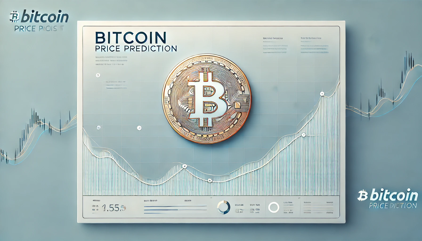 Minimalist illustration of Bitcoin price prediction with ascending and descending graph lines on a light blue and white gradient background