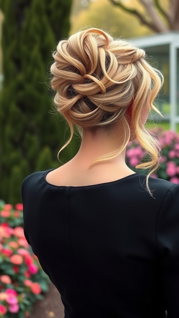 A stylish updo hairstyle with loose tendrils, showcasing elegance and modern flair.