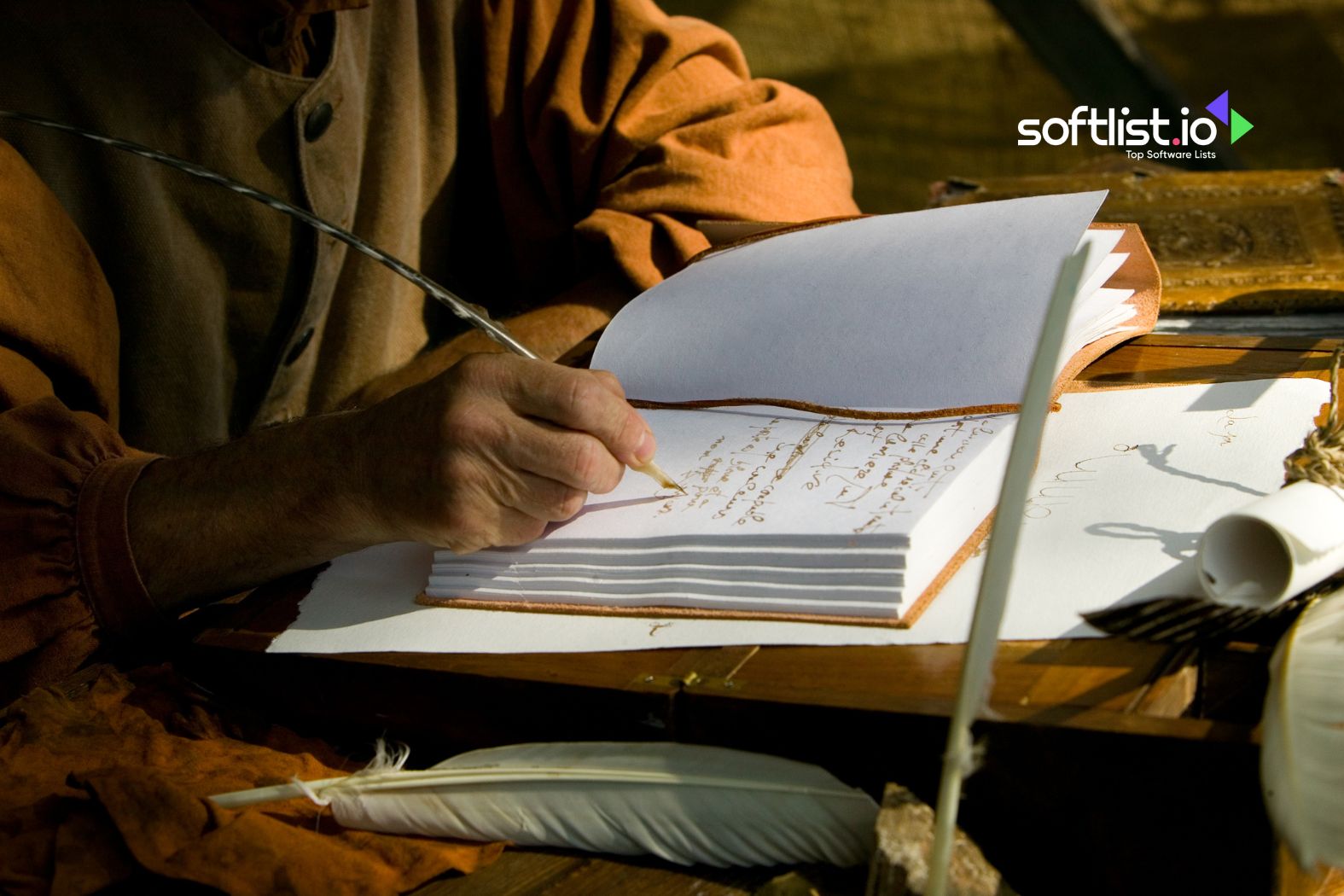 Historical writing with a quill pen on parchment in a dimly lit room