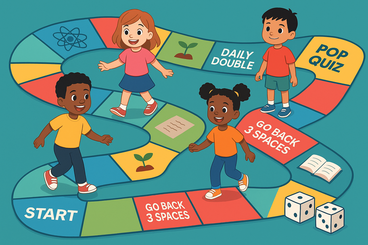 4 Kids on a life size colorful game board jumping to different spaces