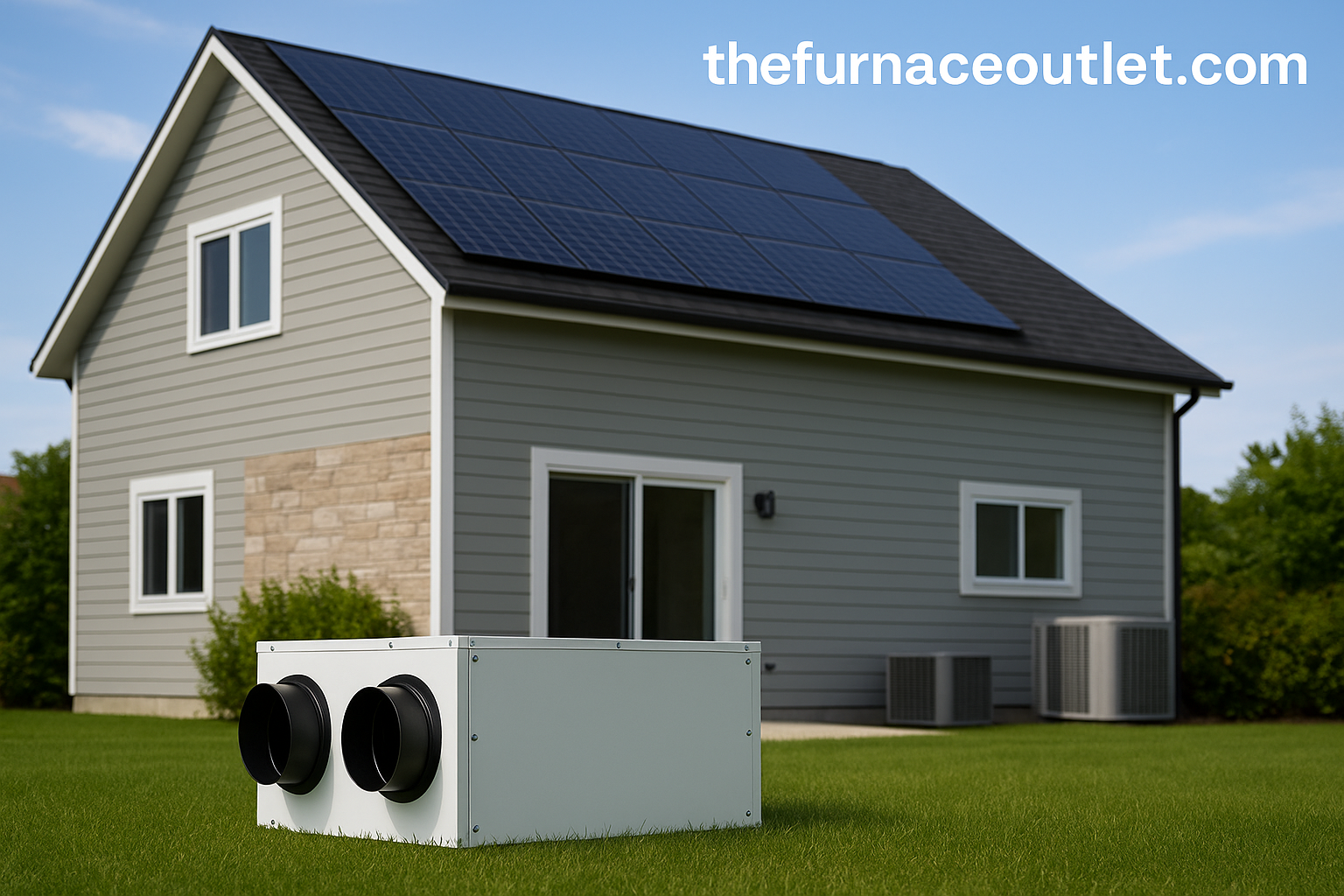 A high-resolution digital photograph showcases a modern home with rooftop solar panels and an Energy Recovery Ventilator (ERV) unit on the front lawn, emphasizing eco-friendly HVAC solutions under The Furnace Outlet branding.