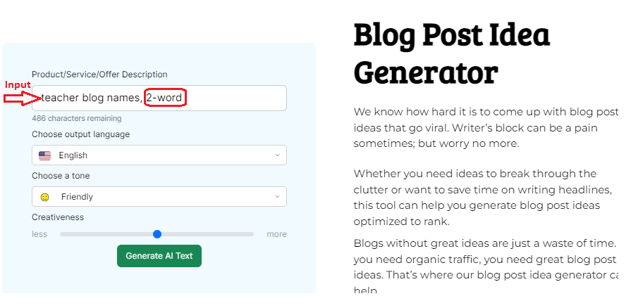 Input of CGAI's blog name generator for getting teacher blog names