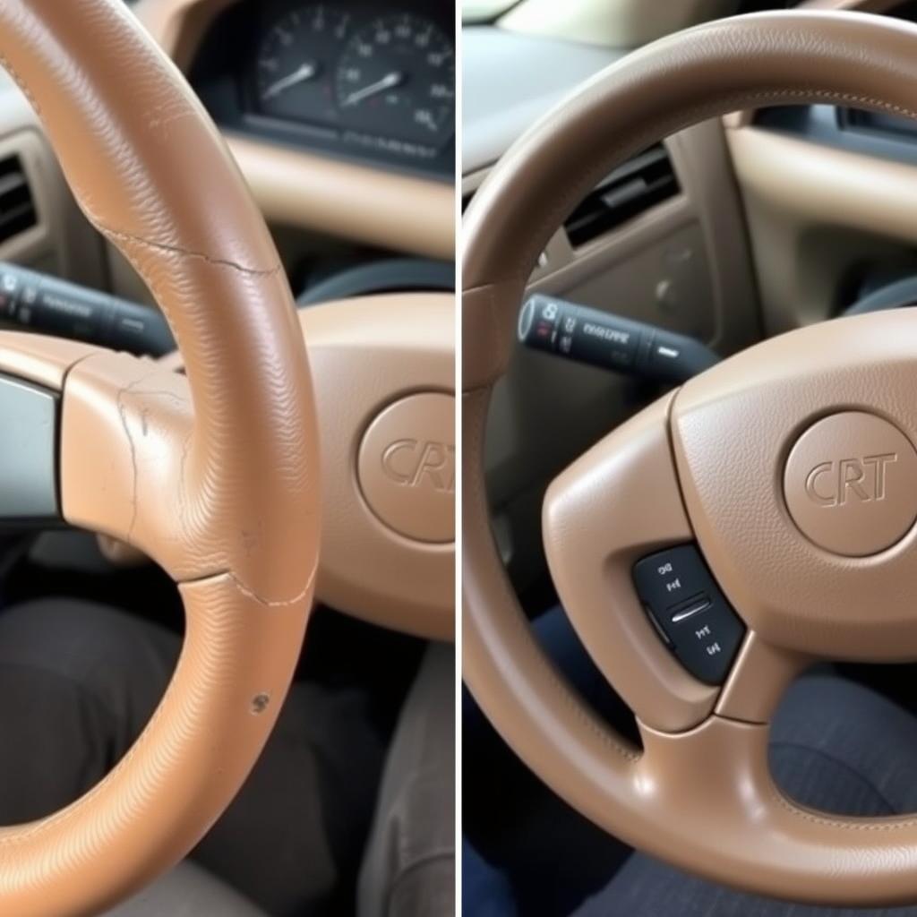 Before and after of a worn steering wheel with a new cover