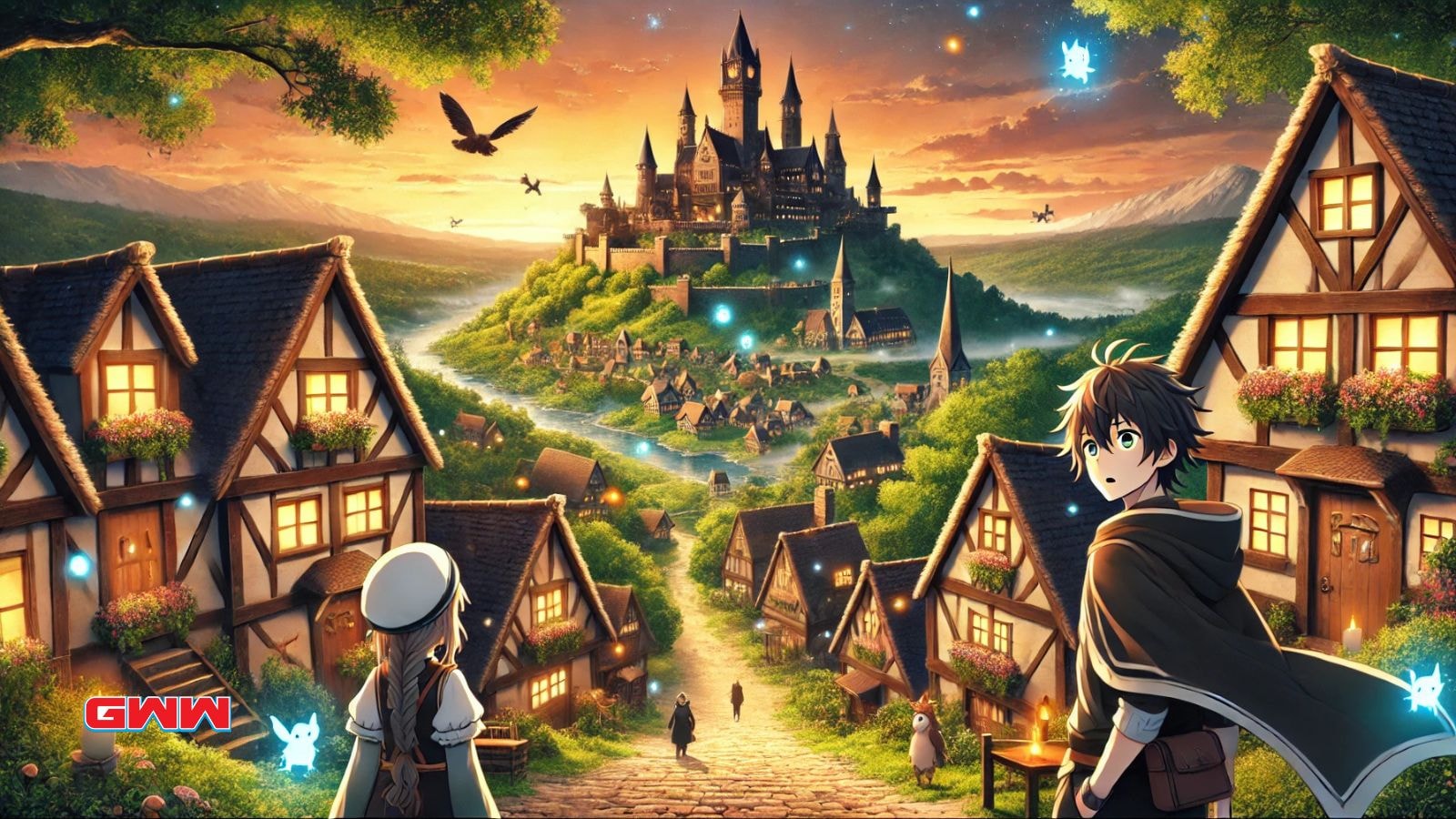 Protagonist marveling at medieval village with enchanted castle in distance.