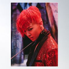 This contain an image of G-Dragon with red hair and piercings on his head, wearing a sequin jacket