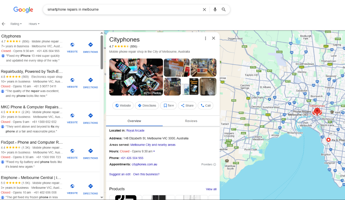 Rich text panel showing Local SEO details