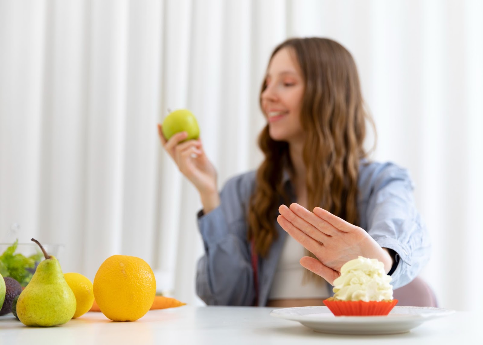 Woman avoiding sugar processed food and choosing fruits.