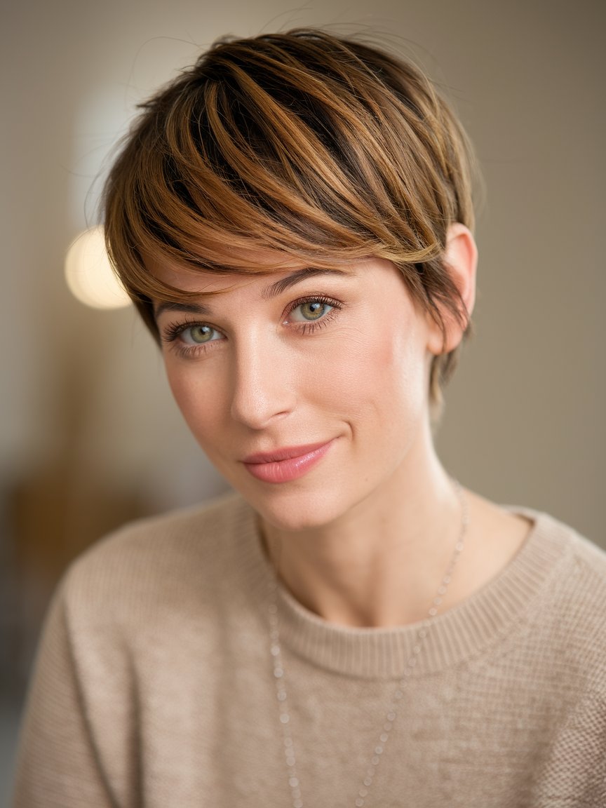 9. Brown Pixie with Subtle Caramel Highlights