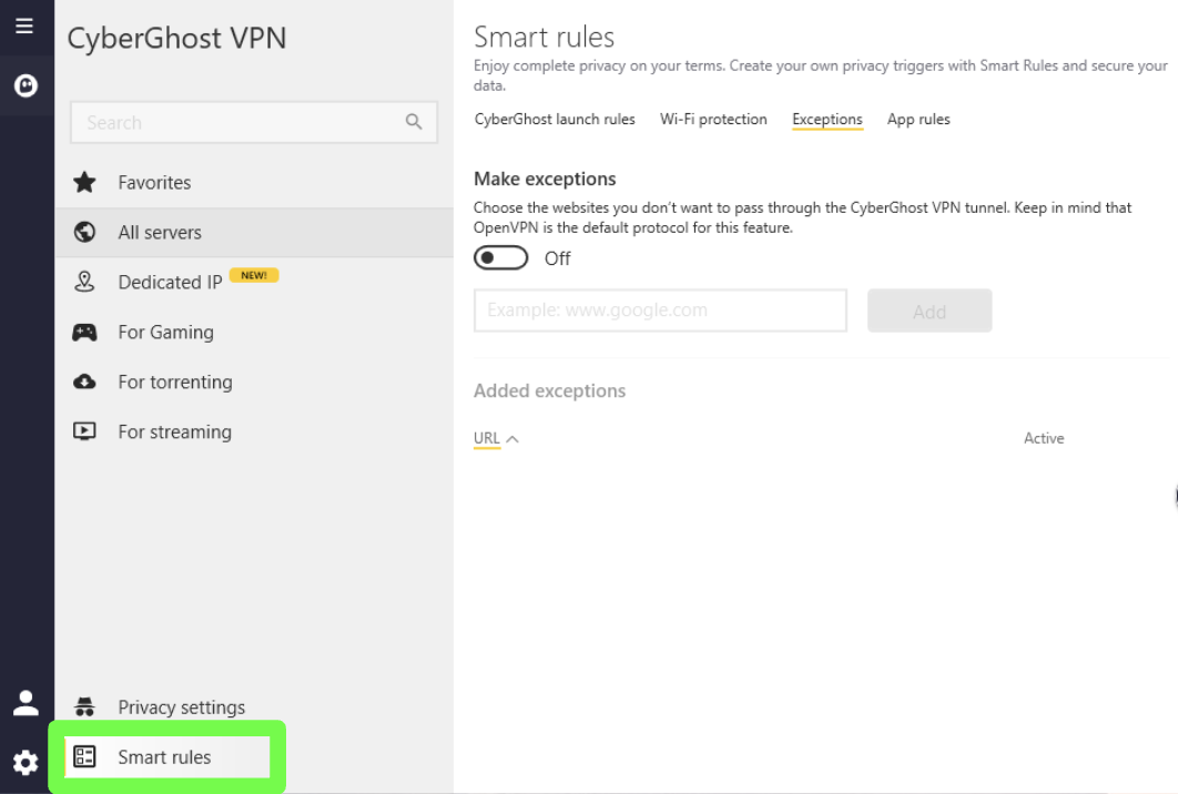 Captura de tela da função Regras Inteligentes no aplicativo CyberGhost VPN para Windows